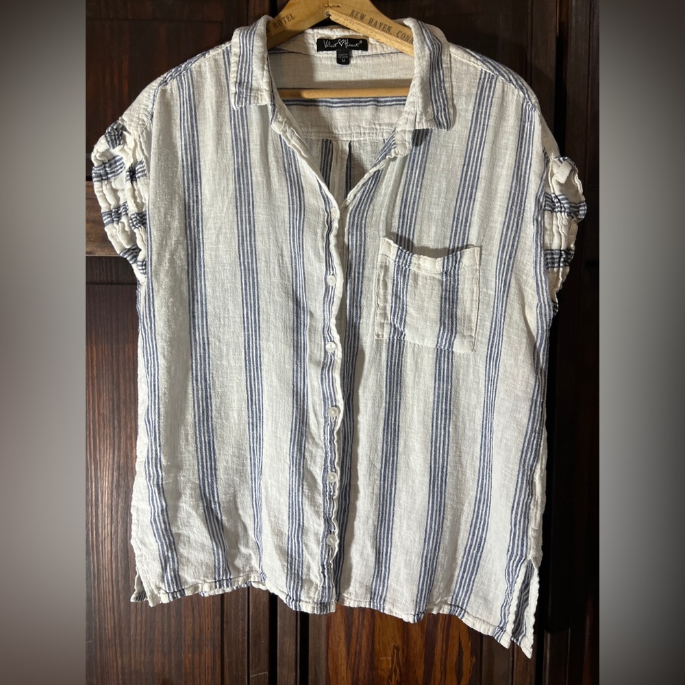 Velvet Heart Blue and White Striped Shirt large linen‎ blend